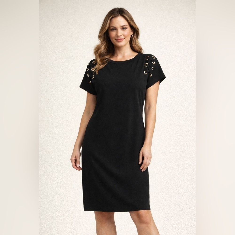 Casual Chic Michael Kors Black Eyelet Gold Trim Midi Dress Size Small